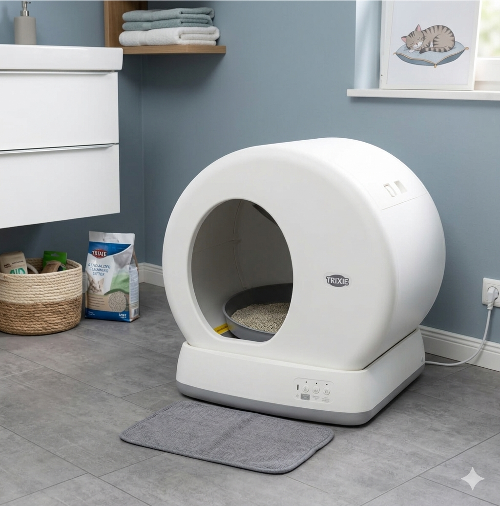 A modern self-cleaning cat litter box in a sleek white finish, showing the automatic cleaning drum and UK power adapter.