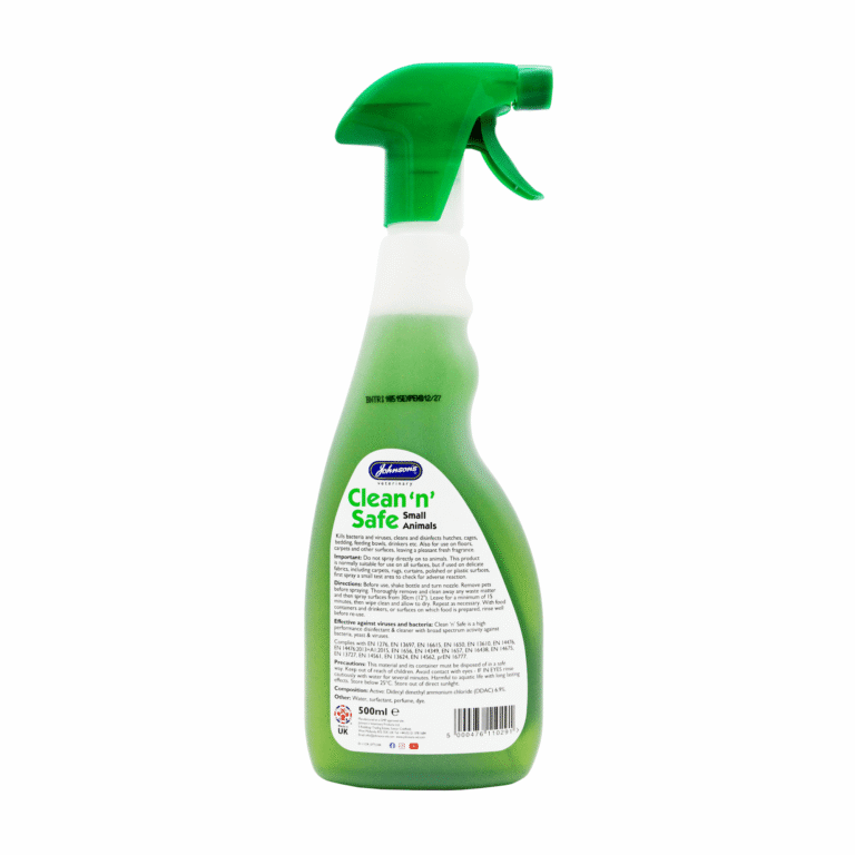 500 ml bottle of Johnson’s Clean 'n' Safe Small Animal Disinfectant spray with a green trigger head.