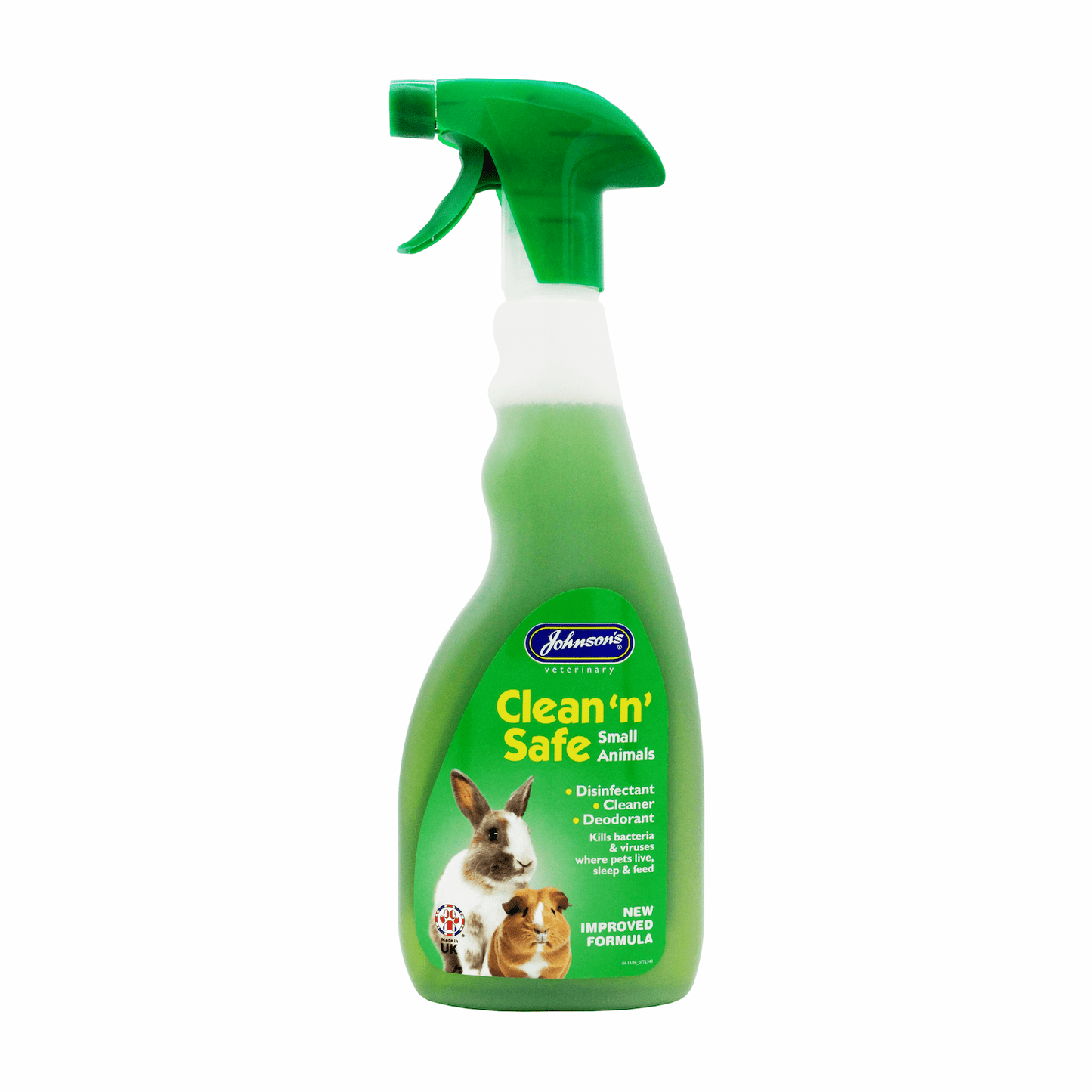 500 ml bottle of Johnson’s Clean 'n' Safe Small Animal Disinfectant spray with a green trigger head.