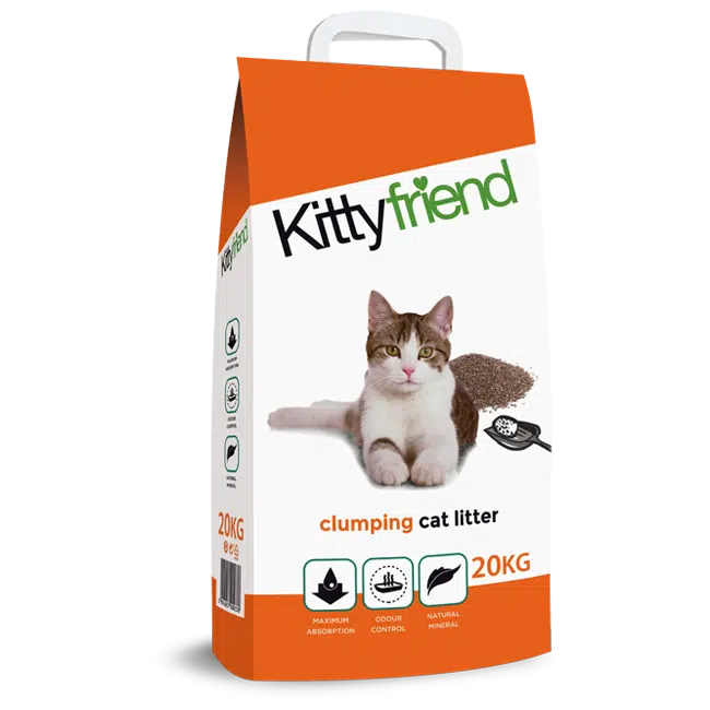 A large 20kg white and orange plastic sack of Kittyfriend Clumping Cat Litter, highlighting its strong clumping action.