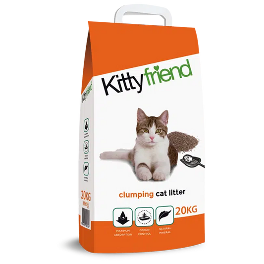 A large 20kg white and orange plastic sack of Kittyfriend Clumping Cat Litter, highlighting its strong clumping action.
