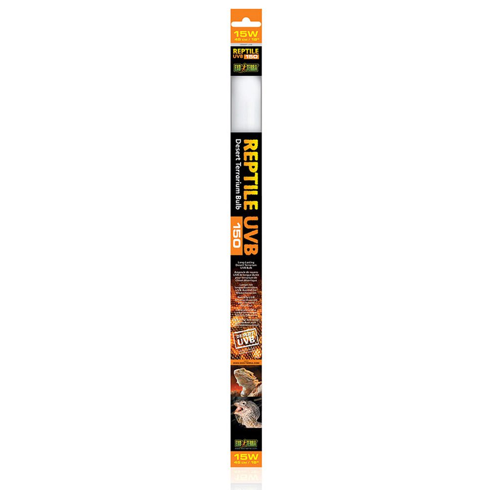 An Exo Terra Reptile UVB150 T8 linear fluorescent tube, showing the high-output desert lighting packaging and bulb.