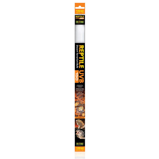 An Exo Terra Reptile UVB150 T8 linear fluorescent tube, showing the high-output desert lighting packaging and bulb.