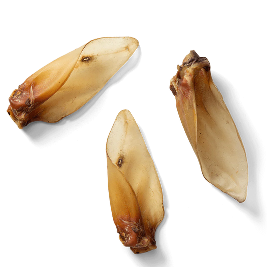 A pack of NAW! Buffalo Ears with Meat, showing large, air-dried natural buffalo ears with a meaty base for dogs.