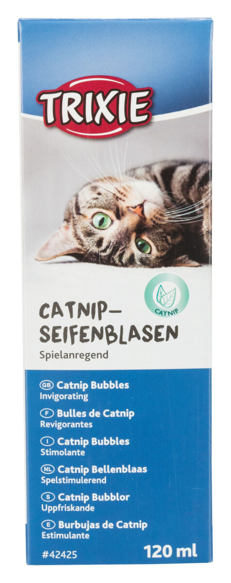 A 120ml bottle of Trixie Catnip Bubbles for cats with a blue cap and bubble blowing wand.