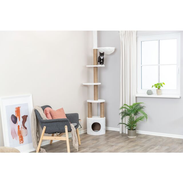 The Trixie Aurelio cat tree in graphite grey, showing the extra-thick scratching posts and floor-to-ceiling tensioner.