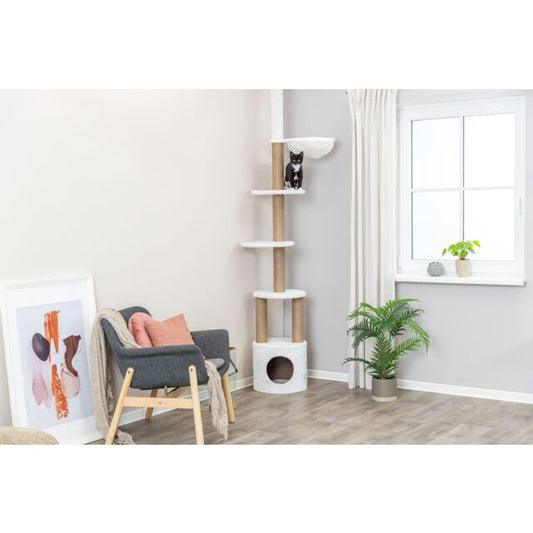 The Trixie Aurelio cat tree in graphite grey, showing the extra-thick scratching posts and floor-to-ceiling tensioner.