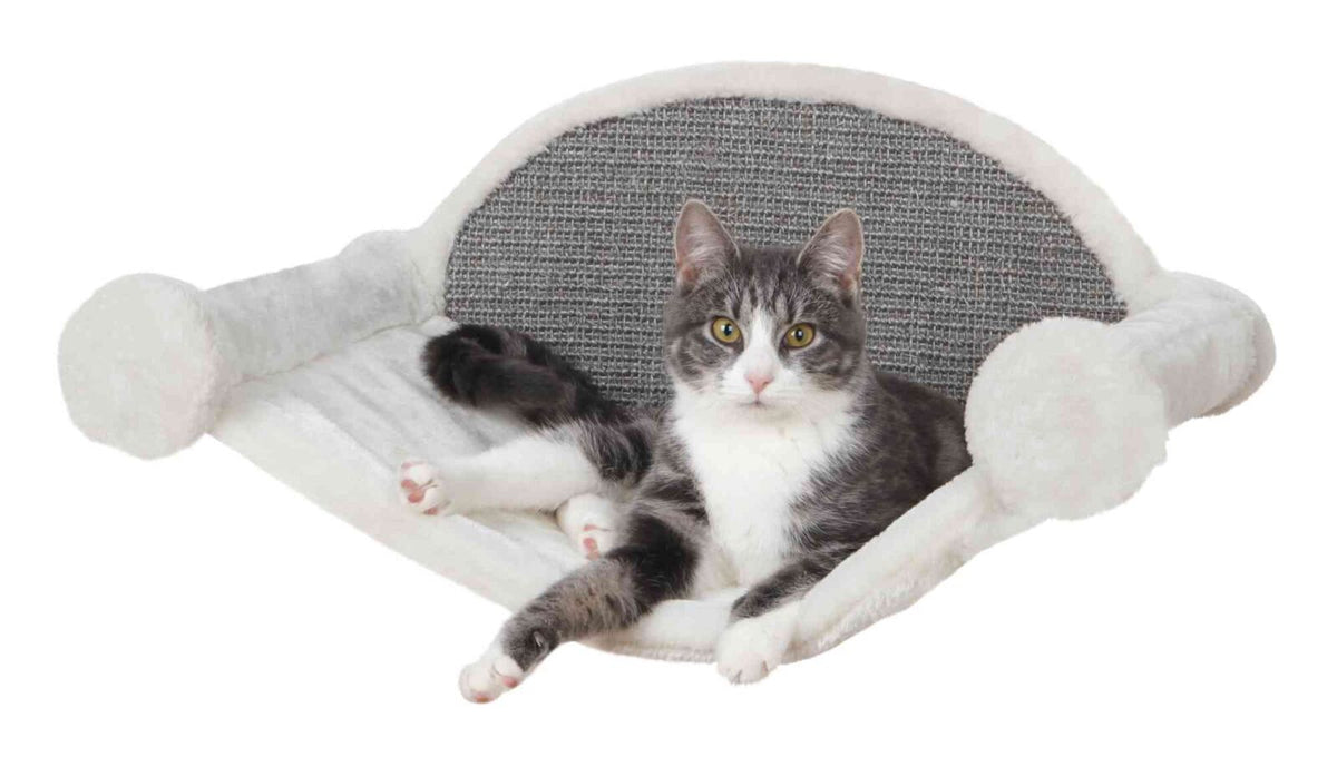 Trixie wall-mounted cat hammock, grey and white plush with sisal scratch area, side view