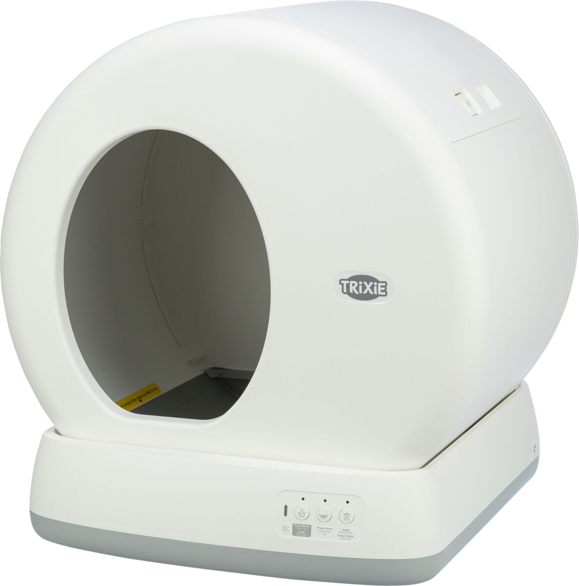 A modern self-cleaning cat litter box in a sleek white finish, showing the automatic cleaning drum and UK power adapter.