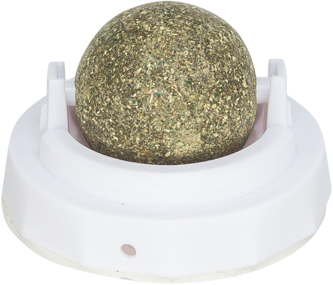 Trixie Matatabi Ball with Holder showing the rotating silver vine sphere and the self-adhesive base.