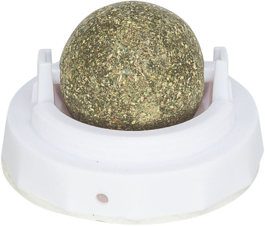 Trixie Matatabi Ball with Holder showing the rotating silver vine sphere and the self-adhesive base.