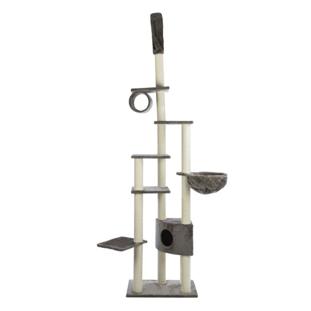 The Trixie Madrid cat tree, a tall floor-to-ceiling scratching post in grey plush with several levels and a cat cave.
