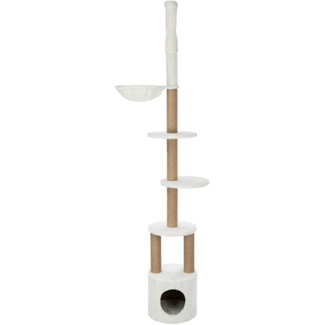 The Trixie Aurelio cat tree in graphite grey, showing the extra-thick scratching posts and floor-to-ceiling tensioner.
