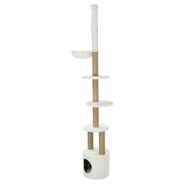 The Trixie Aurelio cat tree in graphite grey, showing the extra-thick scratching posts and floor-to-ceiling tensioner.