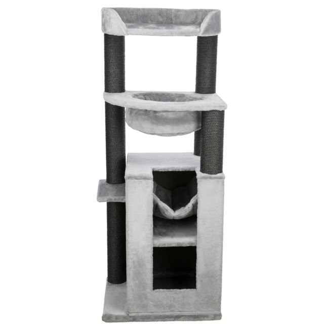 The Trixie XXL Leandro cat tree in light grey, showing the multiple levels, extra-thick scratching posts, and quilted hammock for large cats.