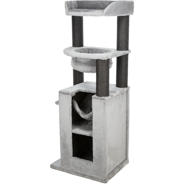 The Trixie XXL Leandro cat tree in light grey, showing the multiple levels, extra-thick scratching posts, and quilted hammock for large cats.