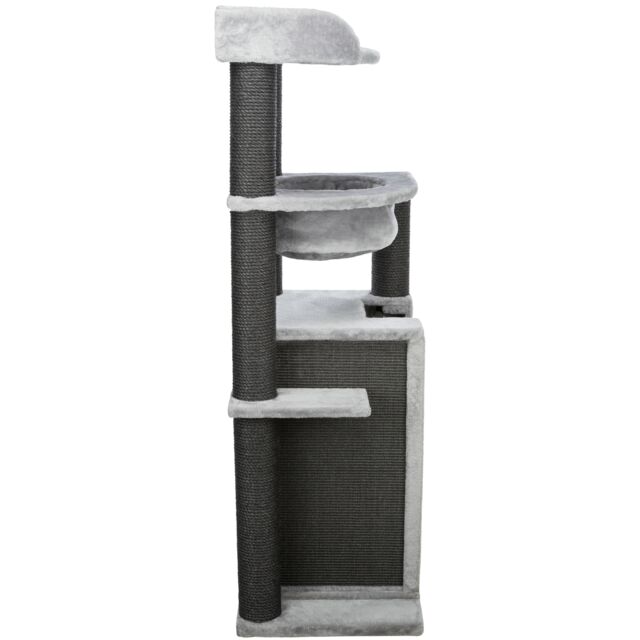 The Trixie XXL Leandro cat tree in light grey, showing the multiple levels, extra-thick scratching posts, and quilted hammock for large cats.