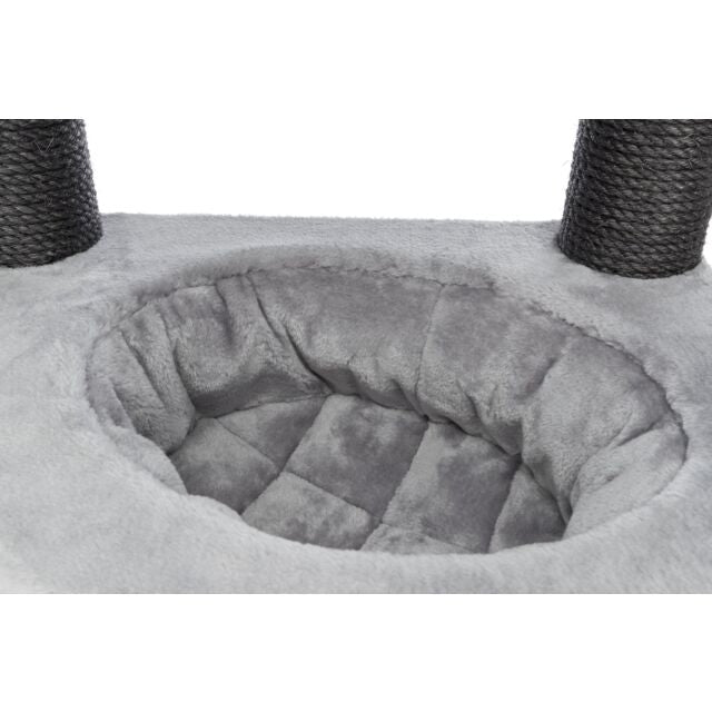 The Trixie XXL Leandro cat tree in light grey, showing the multiple levels, extra-thick scratching posts, and quilted hammock for large cats.