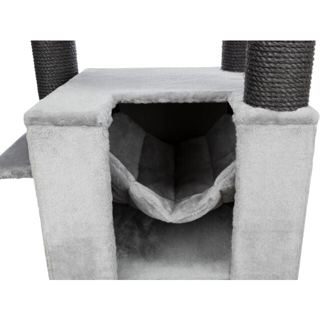 The Trixie XXL Leandro cat tree in light grey, showing the multiple levels, extra-thick scratching posts, and quilted hammock for large cats.