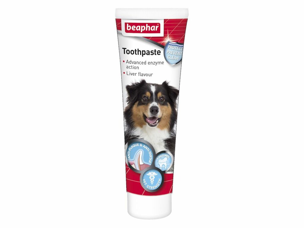 A tube of Beaphar Liver-Flavour Toothpaste showing the dual-enzyme logo and images of a dog and cat.