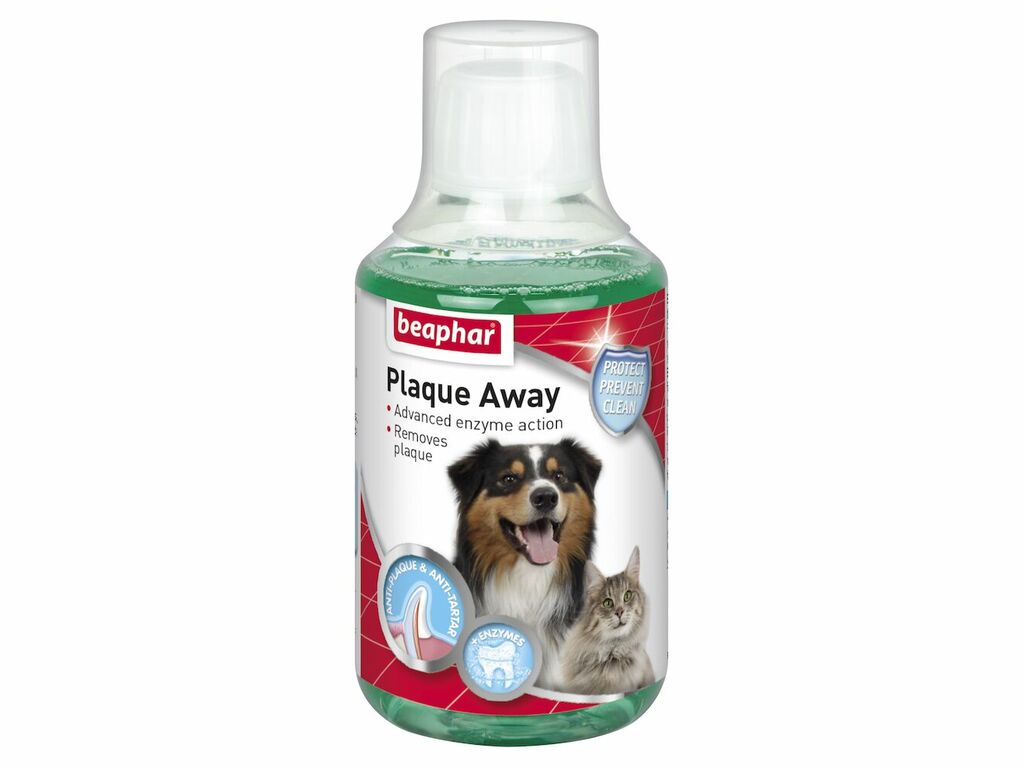 A bottle of Beaphar Plaque Away mouthwash for pets, showing the measuring cap and clear liquid formula