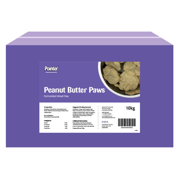 A selection of paw-shaped, golden-brown Pointer peanut butter flavoured dog biscuits.