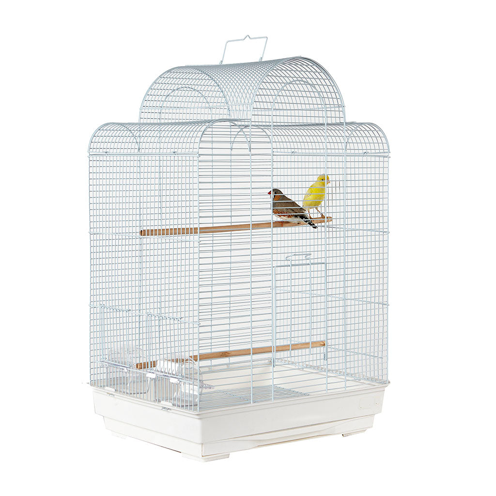 White Rainforest San Luis arched-top bird cage with perches and bowls.