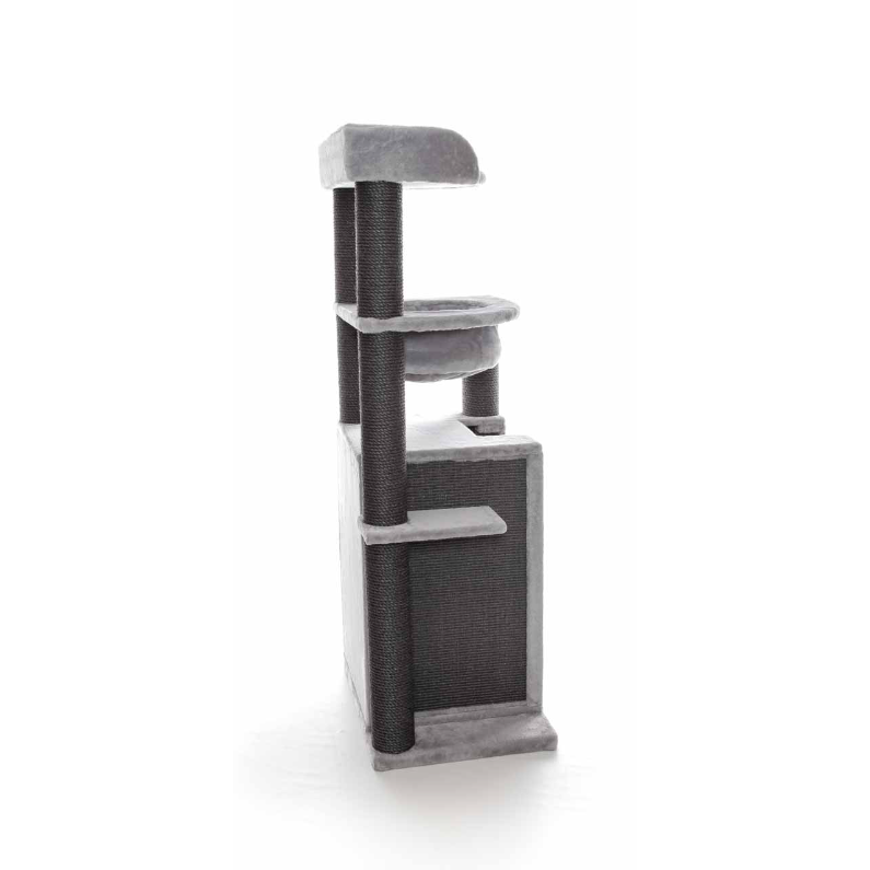 The Trixie XXL Leandro cat tree in light grey, showing the multiple levels, extra-thick scratching posts, and quilted hammock for large cats.