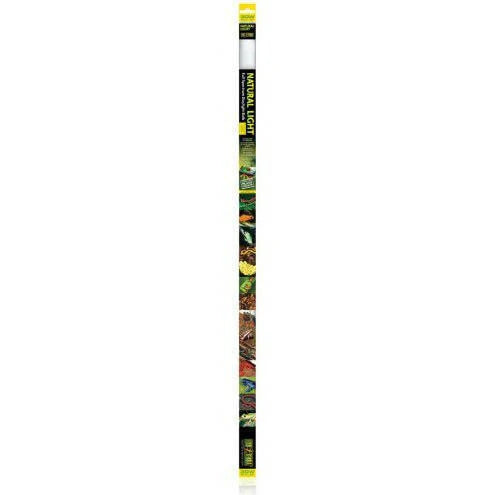 An Exo Terra Natural Light T8 linear fluorescent bulb, showing the full-spectrum daylight packaging for reptiles and planted tanks.