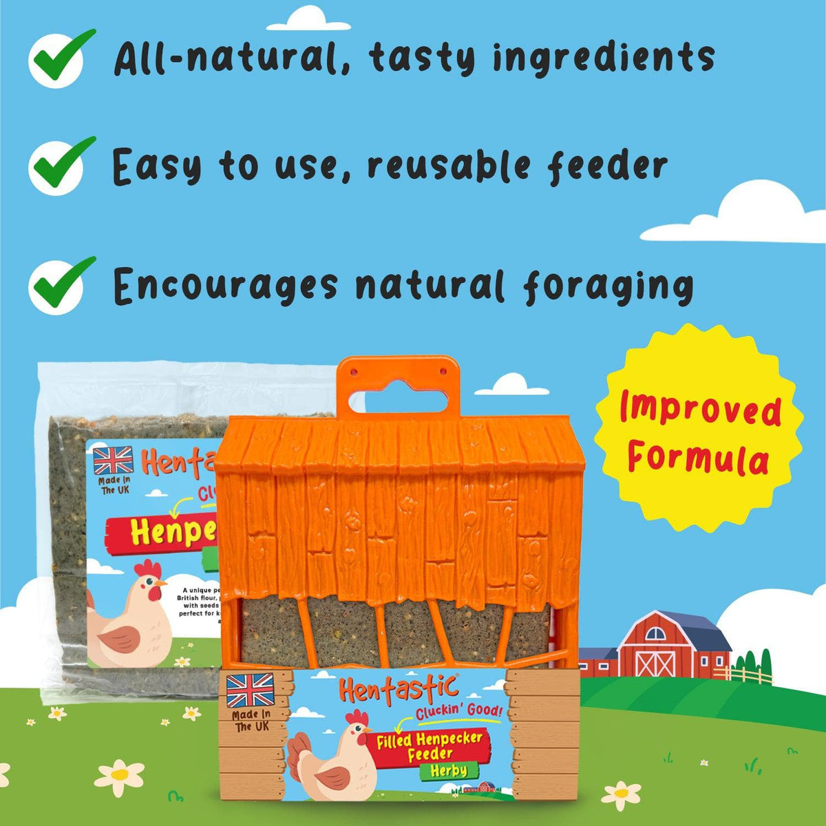 Hentastic Filled Henpecker Feeder with herby chicken pecking block