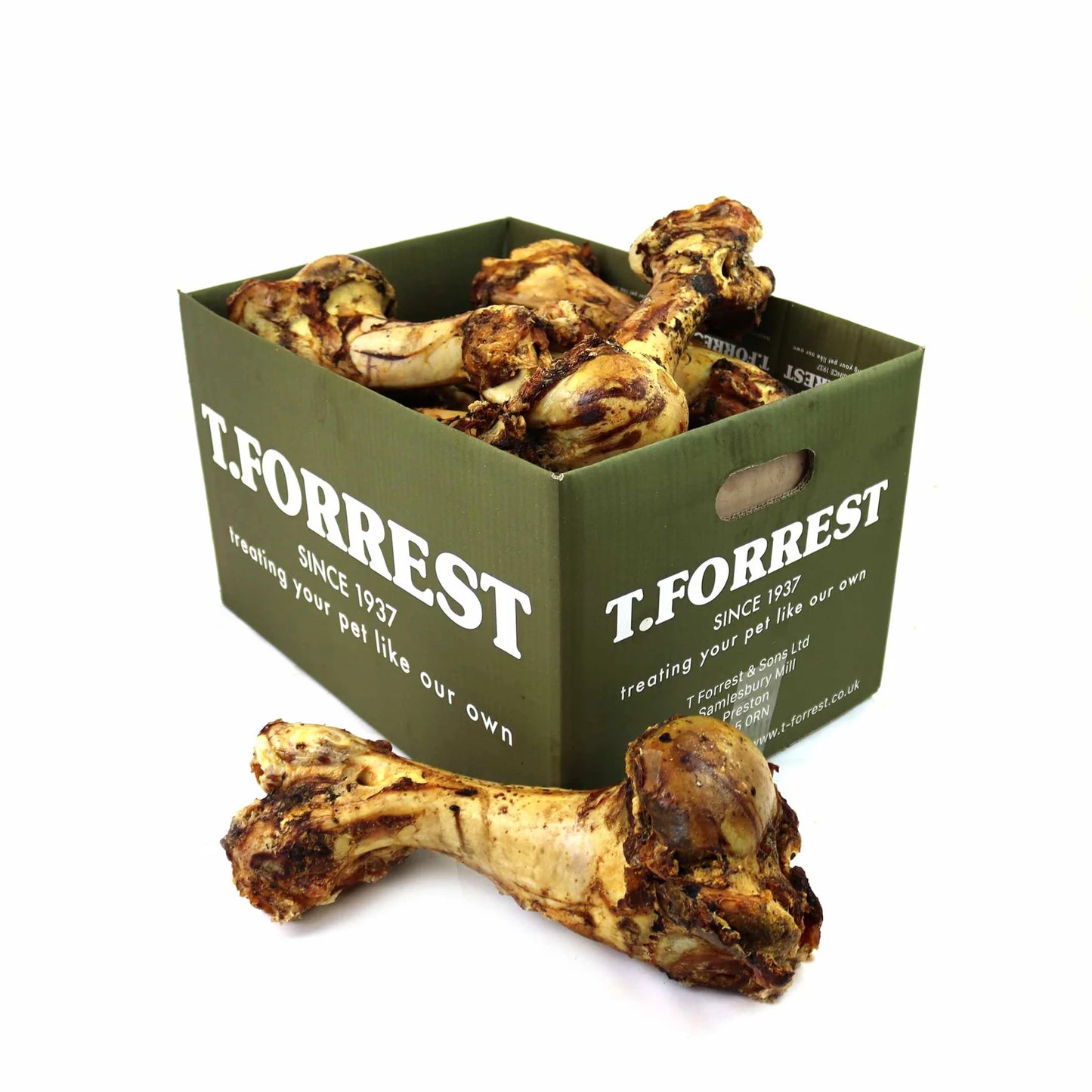 A large T Forrest roasted whole beef bone, showcasing its natural texture and oven-roasted finish for dogs.